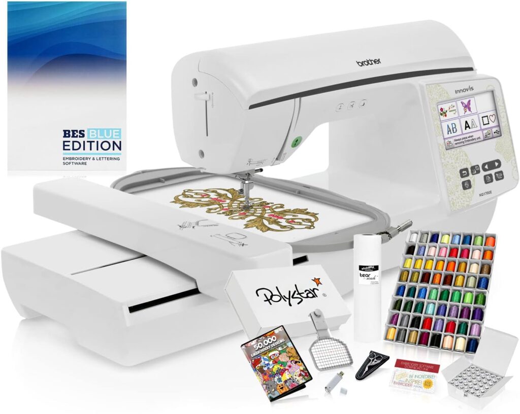 Brother Innov-is NQ1700E (NQ 1700E / NQ1700) 6 x 10 Embroidery Machine with BES Blue Edition Software + Grand Slam Bundle Includes 64 Embroidery Threads, 50,000 Designs and More