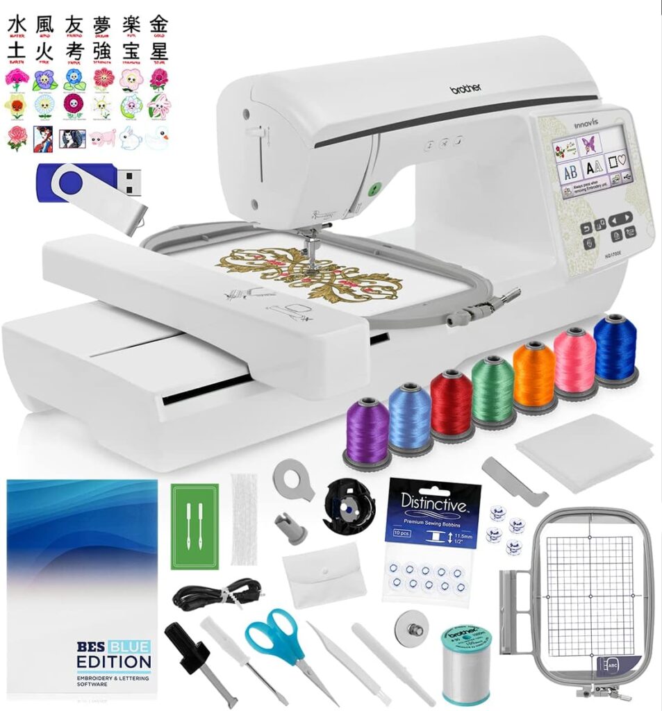Brother NQ1700E Embroidery Machine, 6 x 10 Field Size, Cuts Jump Stitches, Wireless, Includes BES Lettering Software and Starter Package - 7 Spools of Polystar Thread, 10-Pack of Distinctive Bobbins + 1GB USB Drive w/ 30 Original Designs