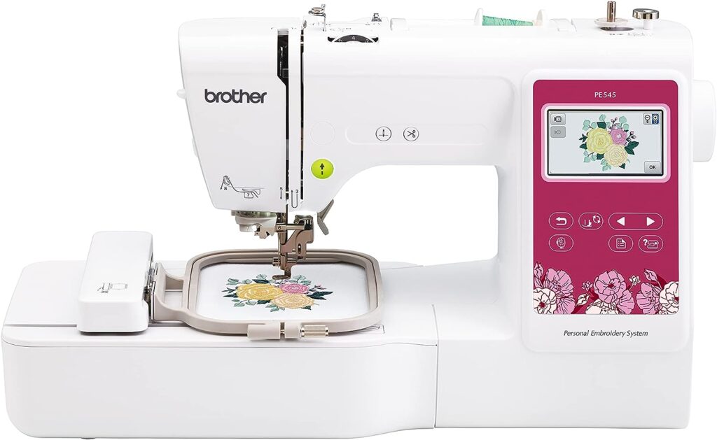 Brother PE545 Embroidery Machine, Wireless LAN Connected, 135 Built-in Designs, 4 x 4 Hoop Area, Large 3.7 LCD Touchscreen, USB Port, 10 Font Styles
