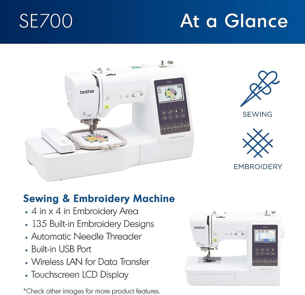 Brother SE700 Sewing and Embroidery Machine, Wireless LAN Connected, 135 Built-in Designs, 103 Built-in Stitches, Computerized, 4 x 4 Hoop Area, 3.7 Touchscreen Display, 8 Included Feet