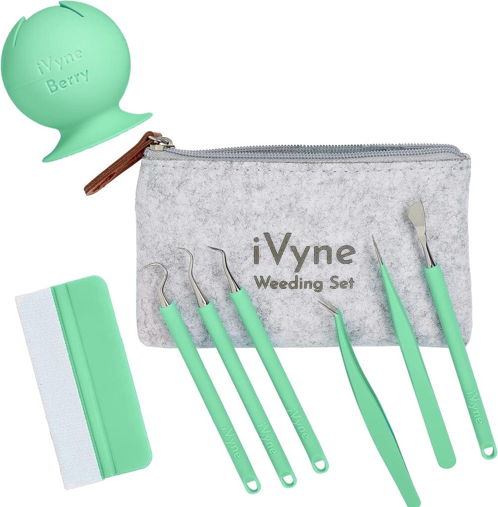 iVyne (8pcs) Premium Vinyl Weeding Tool Kit  Weeding Scrap Collector Soft Grip Tools with Berry, Weeder, Tweezers, Picker Or Hook, and Scraper Set for Silhouette Cameos  Cricut - Green