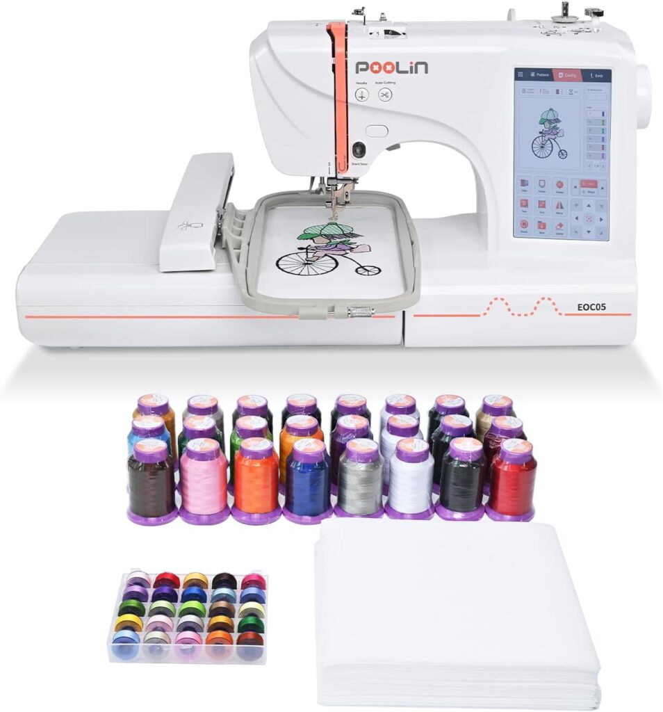POOLIN Computerized Embroidery Machine for Clothing, 7 Large LCD Touchscreen, 4 x 9.2 Large Embroidery Area for Beginners, Home Embroidery Machine EOC05 Combo Include ThreadsTear Away StabilizerBobbins