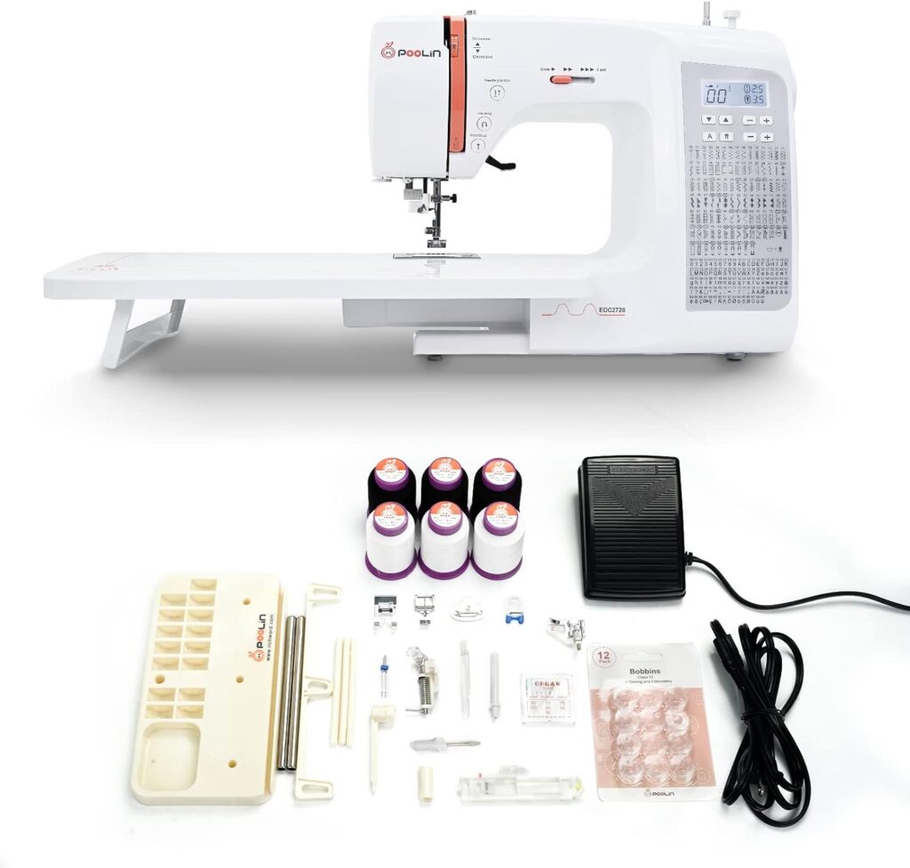 Poolin Computerized Sewing Machine - 293 Stitch Applications  Extension Table, Come with Self Threading and Twin Needle, Include 7 Press Feet, 10 Needles, 6 Rolls Thread, 12 Bobbins and 1 Thread Stand